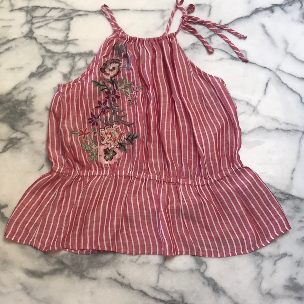Red striped peplum top by Susina with embroidery
